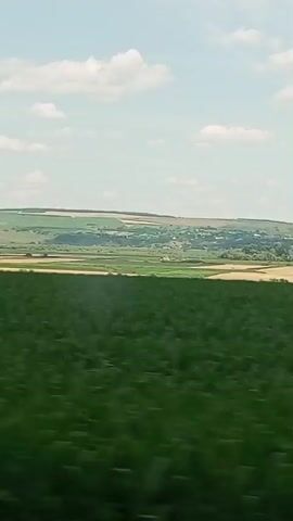 The video shows a blurred view of a green field with some trees and buildings in the background. The camera is moving, giving the impression of a car ride. The sky is visible with some clouds. The scene appears to be rural.
