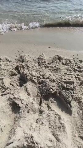 This video shows a close-up, low-angle view of a sandy beach with gentle waves washing ashore. The sand is light in color and appears somewhat damp and clumpy, with some debris and small shells visible. The water is clear and shallow, with small ripples and white foam created by the waves. The sun is shining, casting shadows on the sand. The video is shot from a stationary position, focusing on the texture of the sand and the movement of the water.