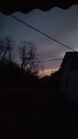 The video shows a dimly lit outdoor scene at dusk or dawn. In the foreground, a dark silhouette of a roofline is visible at the top of the frame. The middle ground features a cluster of bare trees, their branches stark against a dusky sky. The sky itself transitions from a dark blue at the top to lighter shades of grey and pink near the horizon, suggesting the sun is either rising or setting. To the right, a portion of a white building with a dark roof is visible. The overall environment appears to be a rural or suburban backyard, with a dark, unlit area in the immediate foreground, possibly grass or dirt. No people or animals are visible in the frame. The scene is static, with no apparent movement within the video.