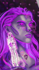 Nine stylized neon-purple digital portrait illustrations in one place
