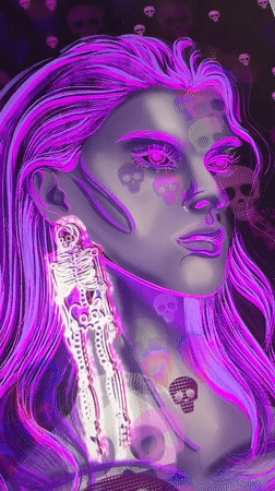 Nine stylized neon-purple digital portrait illustrations in one place
