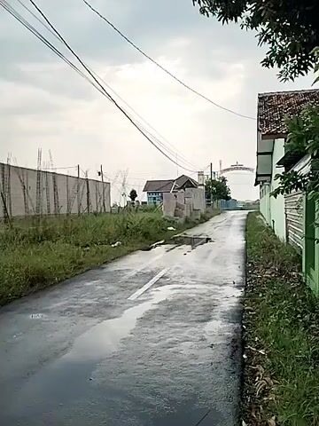 The camera moves along a wet asphalt road with a white line down the middle.  On the left is a field of tall grass and weeds in front of a very long, white, concrete wall.  Rebar sticks out of the top of the wall, as if preparing for another level of construction.  There is a small, unfinished building set further back from the road on the left, and a covered entrance gate in the distance.  On the right side of the road is a low, white building with a green trim and a rusty red tile roof.  Tall weeds and grass also grow on the right side of the road.  Overhead are several electrical lines against a cloudy sky.