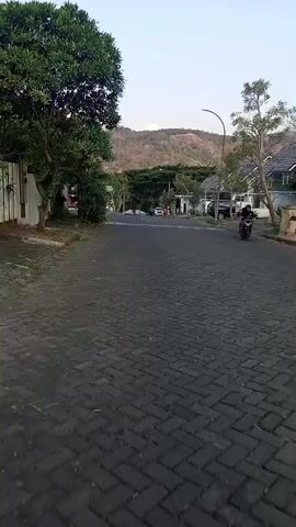 The video shows a view of a paved road in a residential area. The road is made of dark gray brick pavers. On the left side of the road is a white fence and lush green trees. On the right side of the road are houses with gray roofs and some parked vehicles. In the distance, there are hills covered with dry vegetation. There are two motorcycles and a white car visible on the road. One motorcycle is moving away from the camera on the right side of the road. The sky is light blue and appears to be early morning or late afternoon. The overall environment suggests a quiet, suburban setting with a natural backdrop.