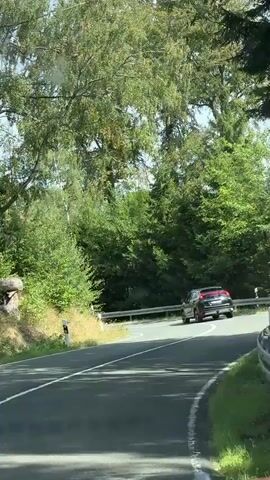 A black SUV drives around a bend on a paved road, flanked by trees and a guardrail. The camera is positioned inside another vehicle, looking forward. The road curves to the right and then to the left. In the distance, a hill is covered in dead trees. The weather appears to be sunny.