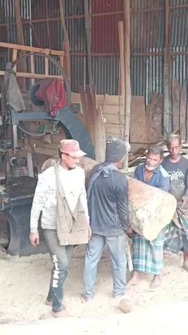 Four men are shown in what appears to be a woodworking shop or lumber mill. The interior is cluttered with lumber, wood scraps, and tools. The walls and roof are corrugated metal. The men are carrying a large, round log toward a large vertical bandsaw. The saw is black, with a large wheel at the top and a flat table surface.  The men appear to be positioning the log on the table for cutting. One of the men wears a red baseball cap and a white jacket, and another wears a head covering. The other two men are dressed more casually. The floor is covered in sawdust.