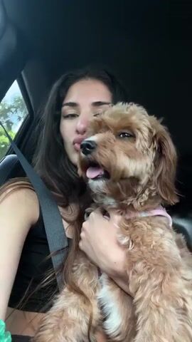 A woman is holding a small dog in a car. The woman is young, with long dark hair, and is wearing a black tank top. The dog is a reddish-brown color with curly fur and is wearing a pink harness. The woman initially holds the dog up to the camera as it pants, then turns the dog to look out the window, then back to the camera where the woman smiles. The dog has droopy ears and looks ahead. The car interior is visible in the background, including the seatbelt and window. The sky is visible through the car window.