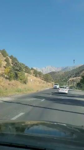 The video shows a view from the inside of a vehicle traveling on a paved road. The road curves to the right, with a grassy and rocky hillside on the left, bordered by a wire fence. Several trees are scattered on the hillside. In the distance, a range of rugged, gray mountains are visible under a clear blue sky. The road is occupied by several vehicles, including a white van and a white sedan, both traveling in the same direction as the camera. The light suggests it is daytime, likely morning or afternoon, with clear weather.