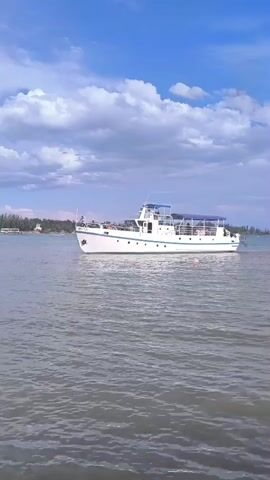 A white boat with blue accents is floating on a body of water. The boat has multiple levels and appears to be carrying passengers. In the background, a tree line is visible along the shore, and the sky is blue with scattered white clouds. There are also a few pink buoys floating in the water. The video is shot from a low angle, giving a sense of being on the water.
