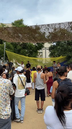 Colombian band and dancing crowd fill a Barcelona afternoon
