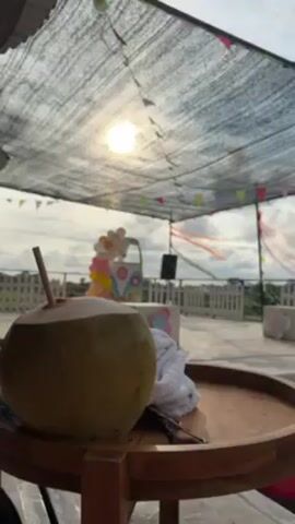 Here is a description of the video:
The video shows a coconut on a small table, underneath a fabric canopy with pennant flags, next to a pool. The sky is cloudy, and the sun is barely visible. In the background there is a stage set up with a VW bus prop, balloon decor, and white picket fencing. A child floats into view on a pink flamingo inflatable.