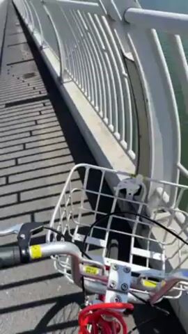 The video shows a first-person perspective from someone riding a bicycle across a white bridge. The bike has a white basket on the front handlebars. The bridge has a curved, white metal railing. To the right of the bridge is a large body of water, possibly a lake or a wide river, with a city skyline visible in the distance. The sky is clear and blue. The day appears sunny, as indicated by the shadows cast by the bridge railing.