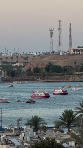 The video captures a wide-angle view of a harbor or bay during what appears to be late afternoon or early evening. The sky is a soft gradient of pale blue and gray. In the foreground, the tops of palm trees and parts of structures, possibly buildings or a bridge, are visible. The middle ground is dominated by a body of water filled with various boats. Two prominent red and white passenger boats are near the center, while smaller boats, including what looks like a red dinghy, are scattered around. In the background, a hilly landscape is dotted with buildings and lush green trees. Three tall telecommunication towers stand prominently on the highest hill, with other smaller structures and buildings visible further up the slope. The overall impression is one of a coastal town or resort area with active maritime traffic.