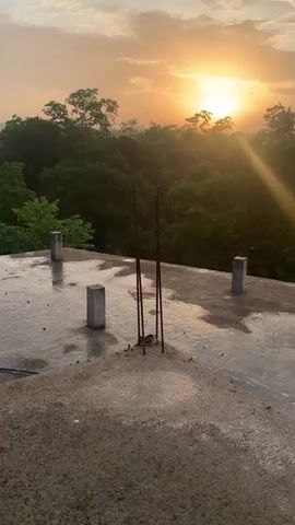 A time-lapse video shows the sun rising over a lush green forest, casting a warm, golden light. The foreground features a concrete rooftop with several small, square concrete pillars and two exposed metal rebar rods. Water droplets are visible on the rooftop, suggesting it may have recently rained. The sun ascends through a sky filled with scattered clouds, creating a serene and tranquil atmosphere.
