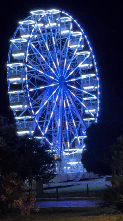Nighttime scenes documented across Budva, Montenegro showing Ferris wheel, taxis