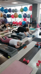 Women attend group fitness class in Moscow gym