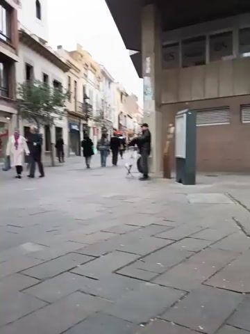 The video shows a man playing a wind instrument, possibly a clarinet, on a pedestrian street. He is standing next to a folding stool and a bag, leaning slightly against a building column. He is wearing a black jacket, dark pants, and a cap. Several pedestrians are walking along the street in both directions. The street is paved with large rectangular stones. Buildings line both sides of the street, and signage can be seen for various businesses. A tall bulletin board stands next to the man. The sky is overcast.