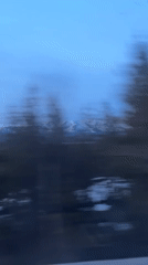 Moving vehicle captures blurred landscape with trees and mountains