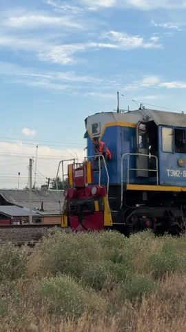 A man in an orange safety vest stands on the front of a blue and yellow diesel locomotive, with the number "8008" clearly visible on the side. He appears to be looking out or interacting with someone inside the cabin. The train is stationary on a track, with dry vegetation and bushes in the foreground. In the background, there are some low-rise buildings and trees, suggesting a rural or industrial setting. The sky is blue with scattered clouds, indicating a daytime scene. The overall mood is calm, with a focus on the train and the worker. The visible text "ТЭМ2-8008" is a designation for the locomotive. The location is identified as Kant, Kyrgyzstan.