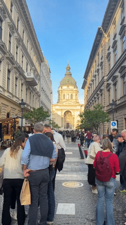 Busy pedestrian street scene captured in Budapest Hungary