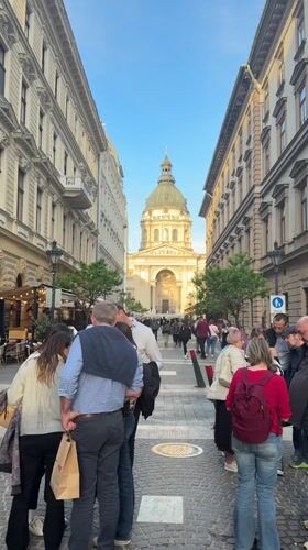 Busy pedestrian street scene captured in Budapest Hungary