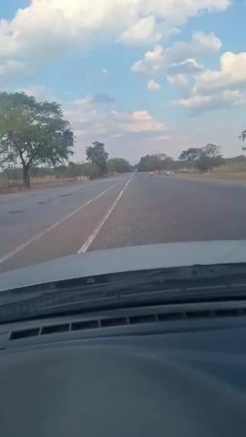 The video shows the view from inside a car, driving on a paved two-lane road under a sky with scattered clouds.  The road has painted white lane markers. Trees line the sides of the road. Another vehicle is visible in the distance, driving on the same road in the same direction. The dashboard of the car, including the vent, is visible. The sky is primarily blue.