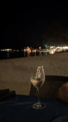 Beachside dining and playful dog captured at Thai restaurant