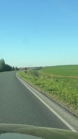 The video shows a view from a car driving along a road. To the right of the road is a large, grassy field with a dirt path running through it. The sky is clear and blue. The environment appears rural.