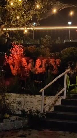 The video captures a dimly lit outdoor space at night, illuminated by string lights and colorful spotlights. The scene appears to be a gathering or event, possibly a garden party or outdoor concert. In the foreground, a wooden staircase leads up to a slightly elevated area. The staircase is lined with rough-hewn logs acting as a railing. To the left of the stairs, a stone wall is visible. Behind the wall, there are various plants and bushes. In the background, a large tree with lights draped around its branches is prominent. There are also large, abstract sculptures or art installations illuminated with purple and red lights, creating a vibrant and somewhat surreal atmosphere. The lighting creates strong shadows and highlights, adding to the dramatic ambiance. There are no people clearly visible in the video. The overall impression is one of an atmospheric and artistic outdoor nighttime setting.