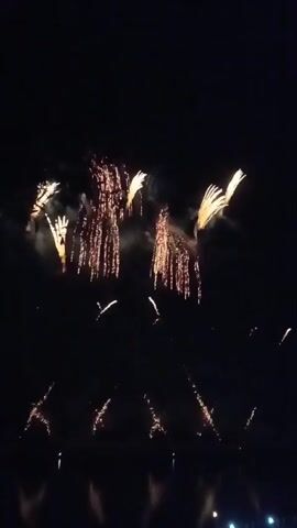 This is a vertical video of a fireworks display over water at night. The fireworks are exploding in the dark sky with various colors, including gold, red, and white. The reflections of the fireworks can be seen in the dark water below. Some of the fireworks are creating cascading effects, while others are bursting in star-like patterns. Smoke from the explosions drifts across the sky. The bottom of the frame shows the dark surface of the water with some small lights visible on the right side, possibly from people watching the display.