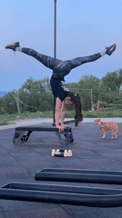 Woman exercises outdoors with dog in Burgas park