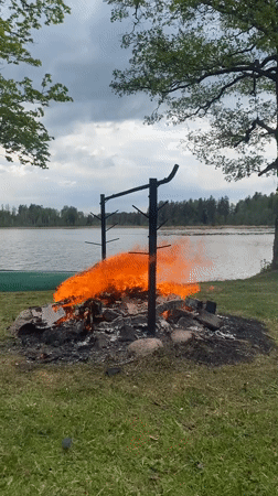 Bonfire burns in stone ring near lake in Latvia