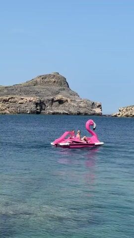 In an eye-level, wide shot, two individuals are on a pink flamingo pedal boat in a body of water. The water is clear with a blue-green hue, and small ripples are visible on the surface. A large, rocky land formation occupies the middle ground, while the sky above is clear and blue. The pedal boat is in motion, as evidenced by the small waves it creates. The pink flamingo has a slide attached to it, and the two people onboard appear to be relaxing and enjoying the ride.
