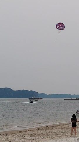 The video shows a beach scene on a cloudy day. A woman with long dark hair stands on the sand, looking out at the water. In the sky, a person is parasailing with a red, white, and blue parachute. On the water, a small speedboat is pulling the parasailer, creating a wake. A larger cargo ship is visible further out in the water. There are also some small boats docked near the shore. In the background, there are mountains or islands. The beach appears to be sandy with some debris scattered on it.