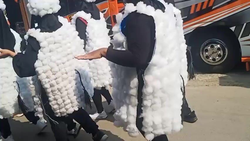 The video shows a group of people walking in single file, wearing white puffy vests that resemble sheep's wool. They are also wearing black hijabs and pants. The people appear to be in an outdoor setting, with a bus visible in the background. The scene seems to be a parade or procession, possibly for a cultural or religious event.