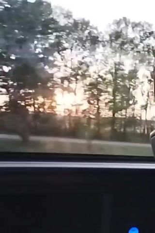 The video shows a view from inside a bus as it travels. The camera is pointed out the window, showing a blurry landscape of trees and fields. The sun is setting, casting a warm glow on the scene. The interior of the bus is visible, including a seat and a window with a blue light on the armrest. A warning sticker on the back of the seat advises passengers to fasten their seatbelts. The bus passes by a power line tower and some buildings in the distance.