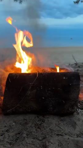 A small campfire on a sandy beach. A single log is burning with flames and smoke visible. The sky is dark blue with some clouds, and the water is visible in the background.