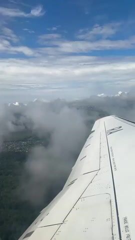 The video is a first-person view from an airplane window, looking out at the wing and the sky. The wing is white and has markings on it. Below the wing, clouds obscure the ground, but glimpses of green trees and some buildings are visible. The sky is blue with scattered white clouds, and there are several small pink objects in the distance, possibly balloons or debris. The camera pans slightly, giving a sense of movement.