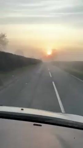 The video shows a view from inside a moving car driving along a country road at sunrise. The sun, a bright orange orb, is partially obscured by a thick fog. A bare tree stands silhouetted against the sun. The road is lined with green hedges on both sides.  There are road signs indicating a speed limit of 40 mph. The sky is a pale blue with wispy clouds.