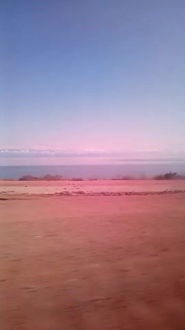 The video shows a scenic view of a body of water, possibly the ocean, under a clear blue sky with hints of pink near the horizon. In the foreground, there is a dusty, reddish-brown terrain. There are some sparse bushes and vegetation along the edge of the land before the water. The camera appears to be in motion, possibly from a vehicle, as the foreground is slightly blurred. The overall impression is of a natural landscape, likely a coastline. There are no people or discernible objects apart from the natural elements.