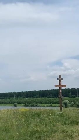 A wooden cross stands in a grassy field under a cloudy sky. A body of water is visible behind the field, with a line of trees in the distance. A small object, possibly an airplane, is flying in the sky.