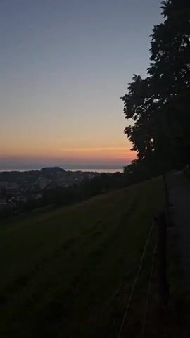 A vertical video shows a rural landscape at dusk. The sky is a gradient of soft blues and oranges. A tree with dark foliage dominates the right side of the frame. A dirt path runs alongside a simple wire fence. In the distance, a town with buildings is visible on the shores of a body of water. A grassy hill slopes downwards from the foreground. There are no people or animals visible.