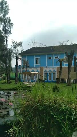 The video captures a serene outdoor scene featuring a body of water with water lilies and surrounding greenery. It opens with a view of a distinctive two-story building on the opposite bank, painted bright blue with white trim and architectural details. A white, decorative structure, possibly a pergola or swing, is positioned in front of the building.

Tall, slender trees, some with sparse branches and others with full foliage, frame the scene. In the foreground, pink water lilies dot the surface of the water. As the camera pans left, an old, weathered metal water gate or sluice becomes visible in the immediate foreground, spanning the water. The water reflects the trees and the cloudy sky, which appears overcast. The banks are covered in green grass and various plants. The setting suggests a tranquil garden or park environment. The time of day appears to be daylight, under cloudy conditions. No people are visible in the video. The location context provided is Sukaresmi, Indonesia.