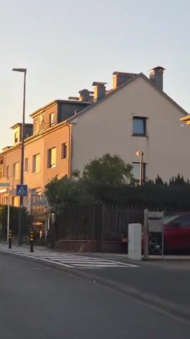 This media file captures a residential street in Sanem, Luxembourg, during what appears to be late afternoon or early evening, given the warm, golden light bathing the scene. The sky is clear, suggesting pleasant weather.

The primary subjects are a row of attached houses lining the right side of the street. These houses are modern in design, with light-colored facades, pitched roofs, and multiple windows, some with closed shutters. Greenery, including trees and bushes, is visible in front of and between the houses, adding to the suburban feel.

On the left side of the street, a crosswalk with distinctive black and white stripes is prominent, indicating a pedestrian crossing. Traffic cones with yellow and black bands are placed along the crosswalk and the road. A streetlamp stands tall on the left, and a pedestrian crossing sign with a blue background and a white pedestrian symbol is clearly visible on a pole. Further down the street, more houses and trees can be seen.

Several cars are parked along the street and on the roadside, including a red car, a dark-colored hatchback with its rear facing the camera, and a small orange car. A bicycle lane symbol is painted on the road surface. The overall atmosphere is tranquil and depicts a typical, peaceful residential neighborhood. No people are visible in the media. There is no discernible text within the media, aside from what appears to be license plates on the vehicles.