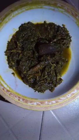 Here's a description of the video:

The video shows two dishes of food. The first dish, on a white plate with a yellow border, contains a dark green stew. There appear to be pieces of meat within the stew. The second dish, in a stainless steel bowl, contains a white, mashed food item. Both dishes are sitting on a tiled surface. The lighting is somewhat dim.