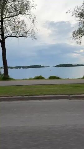 The video shows a side view from a vehicle moving along a road next to a large body of water. The road is asphalt, and there's a strip of green grass between the road and the water. Several trees with light-colored bark and green leaves are visible between the road and the water. The water has a calm surface, reflecting the cloudy sky. In the distance, other landmasses or islands covered with trees can be seen across the water. The sky is overcast with a mix of light and darker clouds, suggesting either early morning or late afternoon. The overall scene is peaceful and natural.