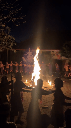 Scout group holds nighttime bonfire ceremony in Sukawati, Indonesia