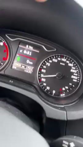 The video shows a close-up of a car's dashboard while it is in operation. The speedometer shows a fluctuating speed, starting at zero, reaching around 50 km/h, and then dropping back towards zero. The car's information display indicates the time as 8:51, a distance of 0 km (likely indicating the trip meter), the total mileage as 239630 km, and an outside temperature of +14.0°C. The gear is briefly in D4 and then changes to D3. The dashboard itself is a black plastic material. The recording appears to be taken from inside the car while it is being driven.
