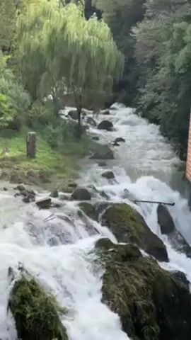 The video shows a swiftly flowing river cascading over rocks, creating small waterfalls. The water is foamy white, contrasting with the green moss covering the rocks. Trees line the riverbanks, and a willow tree is prominently visible on the left. A brick structure is partially visible on the right side of the frame. A small concrete post stands near the left bank. The overall scene is natural and scenic.