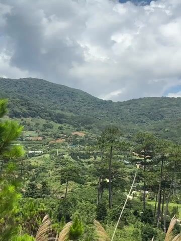 The video shows a mountainous landscape in daylight with dense evergreen trees covering the slopes. A small settlement is nestled among the trees. The sky is partly cloudy with patches of blue visible. The camera pans slightly, revealing more of the tree canopy in the foreground.