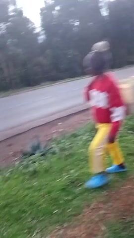The video depicts a roadside scene. Initially, a person wearing yellow and red is visible in the foreground, partially obscured. A motorcycle passes by on the road, followed by a truck. The motorcycle is illuminated with colored lights. The camera then pans to show a wider view of the road, with trees lining the sides and a car approaching in the distance. The scene is set at dusk or dawn.
